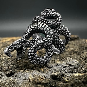 Könnte beinhalten: Ein silberner Ring mit einem detaillierten Design aus drei ineinander verschlungenen Schlangen. Die Schlangen sind ineinander verschlungen und haben eine strukturierte, schuppige Oberfläche.