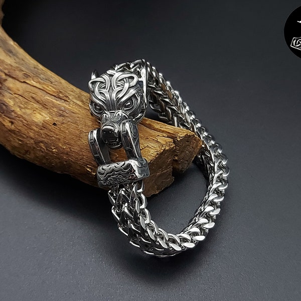 Armband Wolfsköpfe Wolf Panzerkette Edelstahl Hochwertig Wolfsarmband Vierkant Hochwertig Massiv Biker Wikinger Rocker Viking NEU