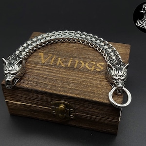 Bracelet têtes de loup, chaîne gourmette en acier inoxydable de haute qualité, boîte carrée en bois massif, idée cadeau, chaîne King, nouveau
