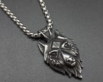 OIDEA Collana da uomo vichinga, con catena bizantina, pesante, punk rock, testa di lupo, ciondolo a forma di martello di Thor, testa di lupo, artiglio d'orso nordico, gioiello vichingo, regalo per