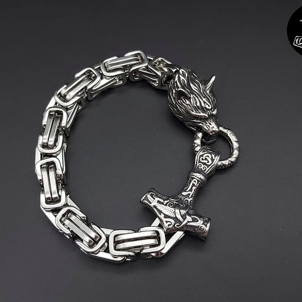 Armband Königskette Thors Hammer Wolf Edelstahl Massiv Silber NEU