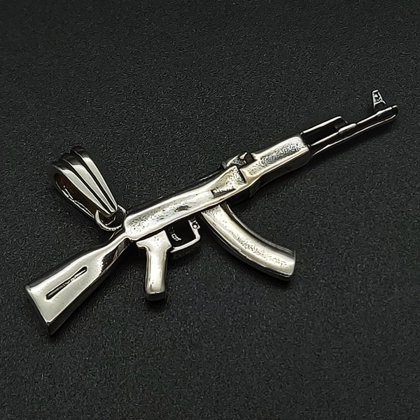 Sterlingsilber AK 47 Massiv 925 Waffe Gewehr Anhänger Halskette Königskette Silber Schmuck Hochwertig Kette NEU