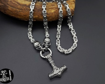 Odins Thor´s Hammer Anhänger mit Halskette Mjölnir Rabenköpfe Königskette Kelten 