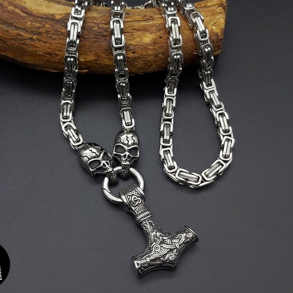 Skull Necklace Skulls Gothic Royal Necklace Stainless Steel Stainless Steel Thors Hammer Viking Viking Tank Chain NEW