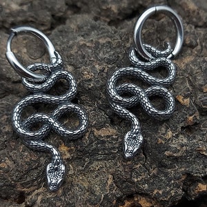 May include: A pair of silver snake earrings with a hoop design. The snakes are coiled and have a textured surface.