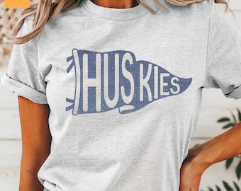 Blue Huskies Pennant T-Shirt: Blue Huskies T-Shirt | Retro Pennant Mascot Tee | Unisex School Spirit Shirt | Game Day Huskies Graphic Top