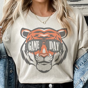 Game day tigers mascot, football tshirt, football mom tshirt, cute game day tshirt, small town big Pride tshirt heather sand tshirt