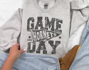 Game Day Hornets Sweatshirt | Distressed Team Spirit Crewneck | School Mascot Graphic Pullover | Unisex Gameday Shirt | varsity Mascot