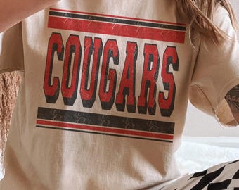 Cougars Red & Black Game Day Shirt, Vintage School Spirit Tee, Custom Mascot T-Shirt, Football Season Shirt, Distressed Athletic Tee