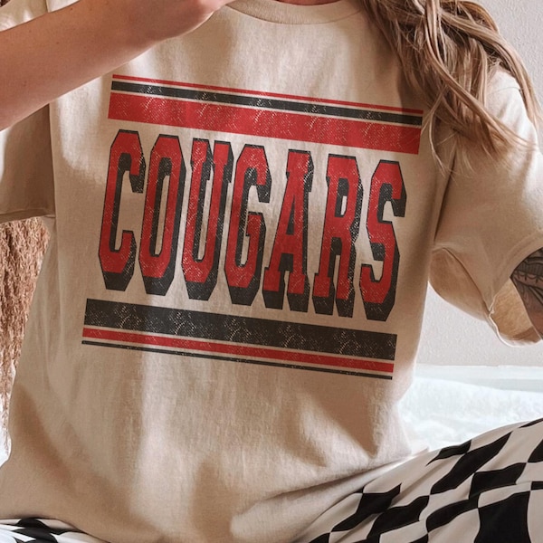 Cougars Red & Black Game Day Shirt, Vintage School Spirit Tee, Custom Mascot T-Shirt, Football Season Shirt, Distressed Athletic Tee