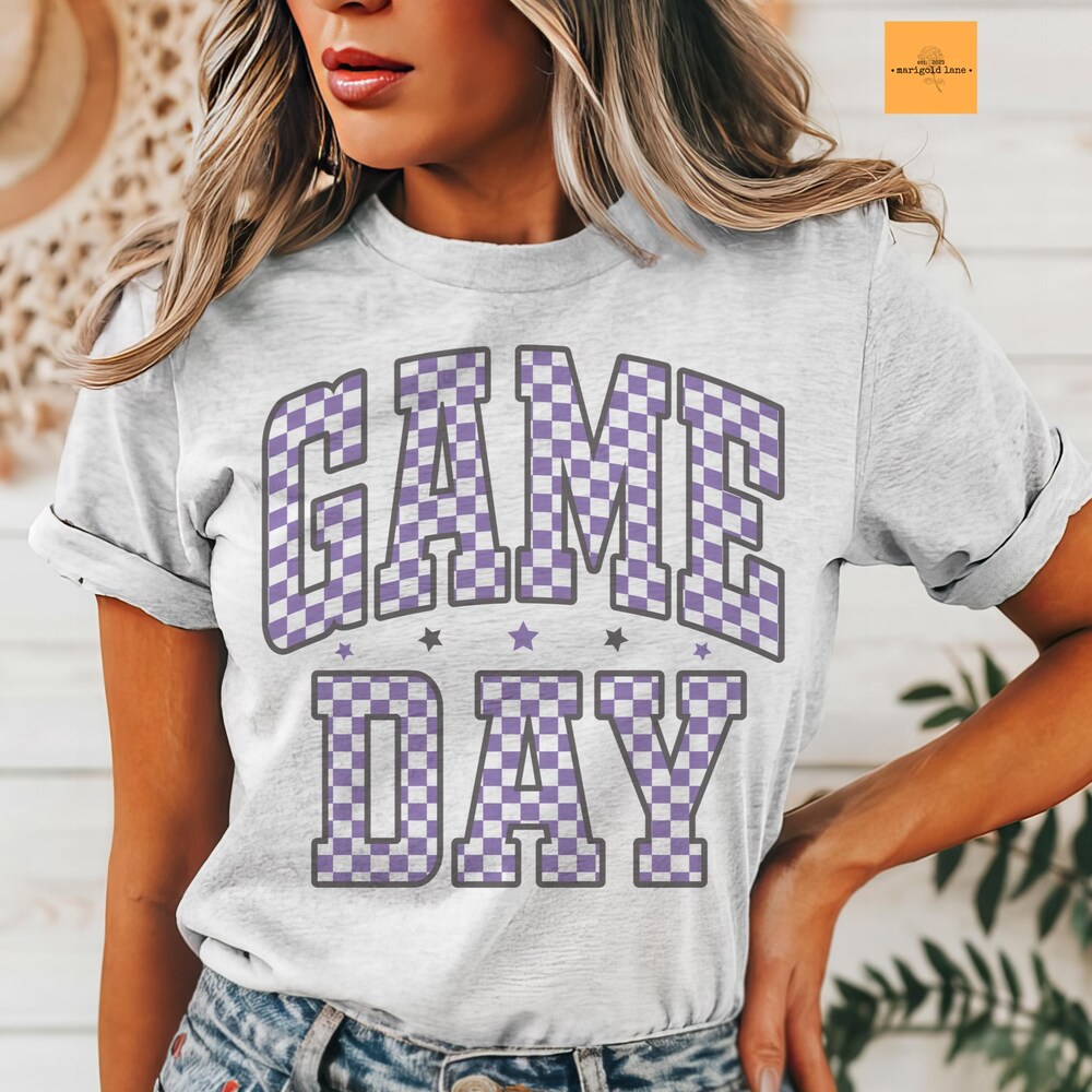 Purple Game Day, Retro Gameday Tshirt, Game Day Mom Tshirt, Cute Game Day Tshirt, Cute Game Day Tshirt, Checkered Game Day Shirt Bespoketshirt
