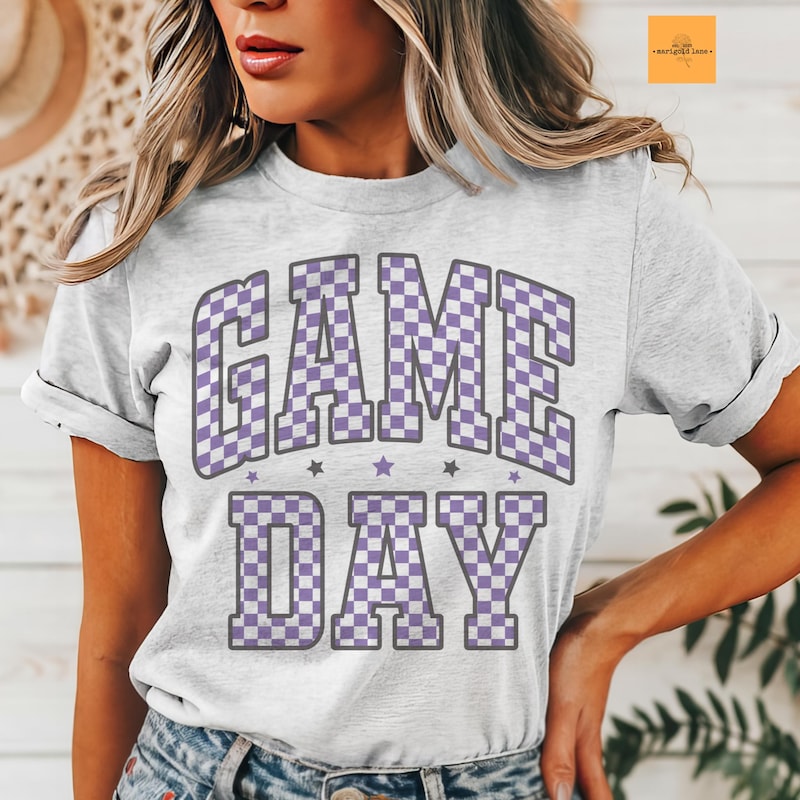 Ladies Checkered Game Day TShirt with Metallic Puff - Black