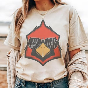 Cardinal Game Day T-Shirt  | RedBird Mascot Graphic Tee with Sunglasses | School Spirit Shirt for Women | Cute Game Day Outfit