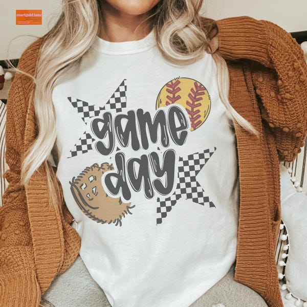 Chemise de jour de match de baseball de softball | T-shirt de sport rétro | T-shirt unisexe Game Day | Joli haut graphique de base-ball de softball, joli jour de match de softball