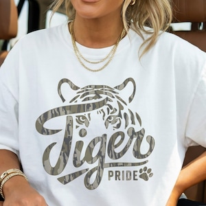 Tiger Pride T-Shirt | Retro Tiger Mascot Tee | Unisex School Spirit Shirt | Camouflage Tiger Graphic Game Day Top, Camo Tigers Game Day tee
