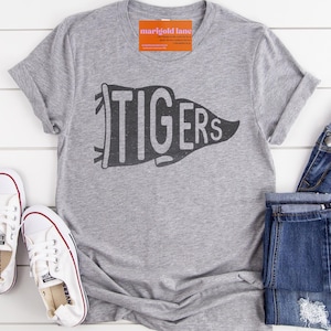 Tigers Pennant Mascot T-shirt: Tigers T-Shirt | Vintage Pennant Graphic Tee | Unisex School Spirit Mascot Shirt | Game Day Tshirt gray