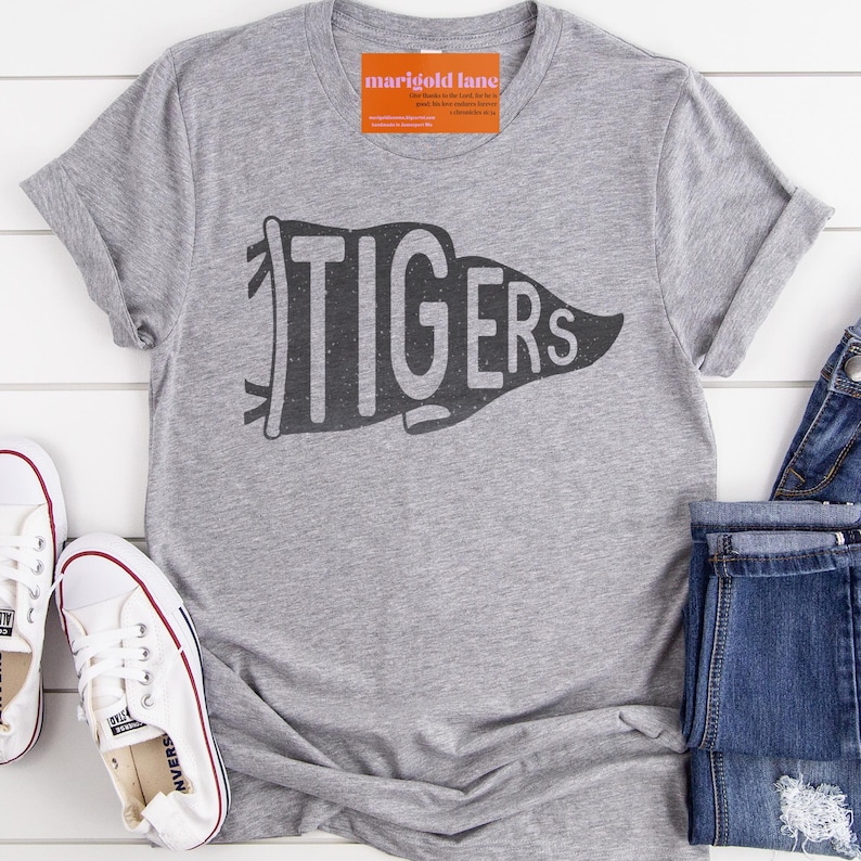 Tigers Pennant Mascot T-shirt: Tigers T-Shirt | Vintage Pennant Graphic Tee | Unisex School Spirit Mascot Shirt | Game Day Tshirt gray