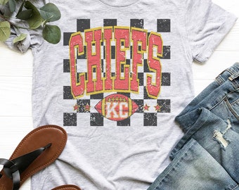 Kansas City Football Red and Gold Football Shirt | KC Game Day Graphic Tee | Retro Checkerboard Stars T-Shirt | Unisex Sports Fan Top