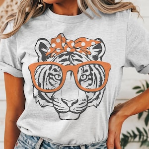 Tigers Game Day T-Shirt: Orange Bow, Glasses, Mascot Tee