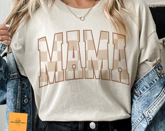 Checkered Mama T-Shirt | Retro Mama Shirt | Cute Mom Tee | Mother&#39;s Day Gift | Trendy Mama Graphic unisex Tee, beige mom tshirt