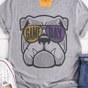Bulldogs purple & gold mascot, football tshirt, football mom tshirt, cute game day tshirt, small town big Pride tshirt heather gray tshirt