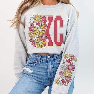 KC Game Day Sweatshirt | Retro Floral Graphic Pullover | Cute Red and Yellow Team Spirit Shirt | Women’s Game Day Outfit