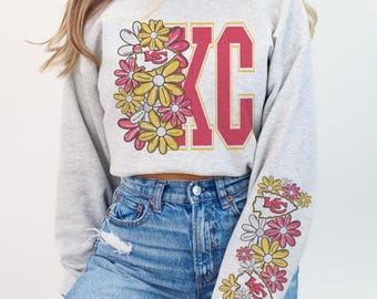 KC Game Day Sweatshirt | Retro Floral Graphic Pullover | Cute Red and Yellow Team Spirit Shirt | Women’s Game Day Outfit