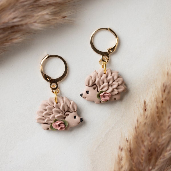 Polymer Clay Floral Hedgehog Earrings, Unique Animal Earrings, Handmade Hedgehog Jewelry, Whimsical Nature Earrings
