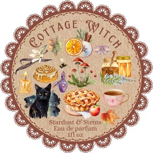 May include: A circular label with a brown scalloped border featuring the text Cottage Witch, Stardust & Stems, Eau de parfum, and 1fl oz. The design includes illustrations of a black cat, cinnamon roll, pie, honey jar, tea cup, mushrooms, and fruit.