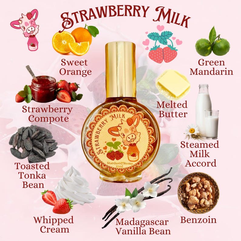 Perfume de fresa con leche, colonia de fresa silvestre, fragancia en spray afrutada indie, perfume de hadas, sin parabenos, bizcocho de fresa imagen 2