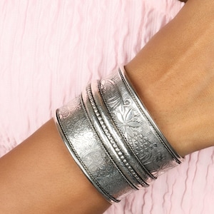Handmade Engraved Silver Cuff Bangle | Boho Floral Statement Bracelet | Adjustable Tribal Jewelry for Women