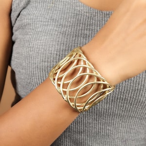 Wide Gold Brass Cuff Bracelet: Openwork Boho Bangle