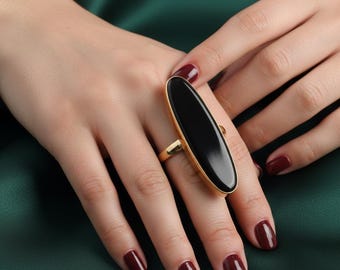 Long Black Onyx Ring | Gold Brass Statement Cocktail Ring | Minimalist Art Deco Jewelry | Oval Finger Shield Ring | Natural Protection Stone