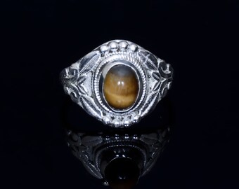 Vintage Style Tiger Eye Ring | Ornate Sterling Silver Gemstone Jewelry | Boho Statement Ring | Oxidized Artisan Tiger Eye Gift for Him/Her