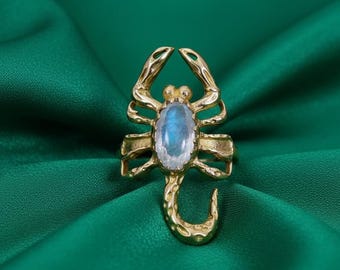 Scorpion Moonstone Ring | Brass Animal Statement Ring | Scorpio Zodiac Jewelry | Rainbow Moonstone Crystal Ring | Gothic Boho Witchy Gift