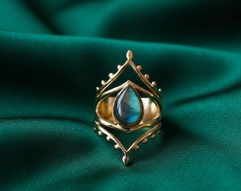 Labradorite Statement Ring | Gold Plated Brass Bohemian Ring | Witchy Jewelry | Large Teardrop Stone | Protection Crystal Gift