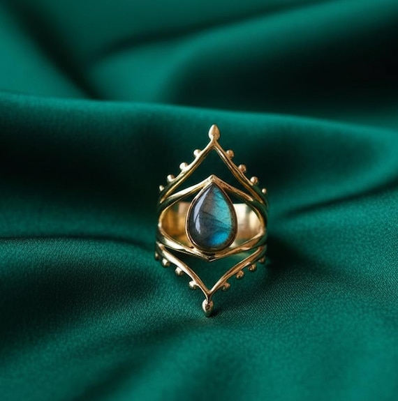 Labradorite Statement Ring | Gold Plated Brass Bohemian Ring | Witchy Jewelry | Large Teardrop Stone | Protection Crystal Gift