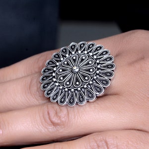 Filigree Silver Ring, Dainty Ring, Vintage Style Ring, Handmade Ring, Large Ring, Mandala Ring, Gift Ring