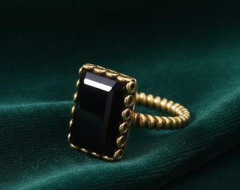 Black Onyx Ring, Vintage Style Brass Ring, Statement Gemstone Ring, Bohemian Jewelry, Gold Tone Onyx Ring, Gift For Her, Handmade Ring