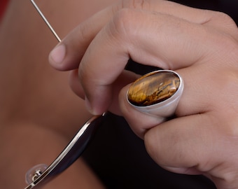 Bold Tiger Eye Signet Ring | Men's Large Oval Gemstone Ring | Wide Band Silver Statement Jewelry | Natural Stone Gift | Protection Crystal
