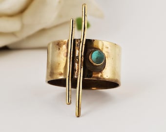 Gold Wide Band Ring with Green Onyx Stone | Handmade Boho Adjustable Ring | Vintage Style Statement Jewelry Gift