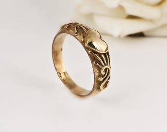 Vintage Heart Ring, Antique Gold Tone Floral Engraved Band,  Romantic Statement Ring,  Gift for Her