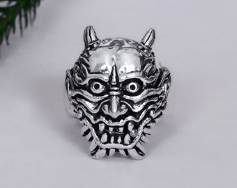 Anillo de máscara Hannya de plata de ley 925 / Anillo de motociclista de demonio Oni japonés / Joyería gótica de estilo urbano / Regalo de plata hecho a mano para él