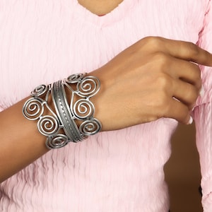 Handmade Silver Spiral Cuff Bangle | Boho Statement Bracelet | Adjustable Ethnic Tribal Jewelry Gift for Her