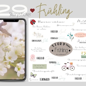 May include: A set of 29 digital stickers for Instagram stories featuring spring-themed illustrations and text in German. The stickers include images of flowers, a bicycle, a butterfly, a ladybug, and text such as "Hello Spring", "Spring Vibes", and "Tanken Sonne".