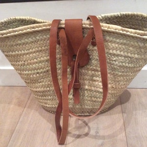 reinforced basket with long leather handles and leather flap, in doum palm, beach basket, tote bag image 3