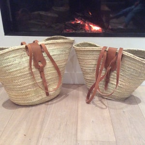 reinforced basket with long leather handles and leather flap, in doum palm, beach basket, tote bag image 1