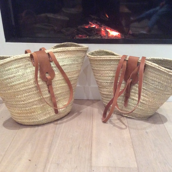 reinforced basket with long leather handles and leather flap, in doum palm, beach basket, tote bag