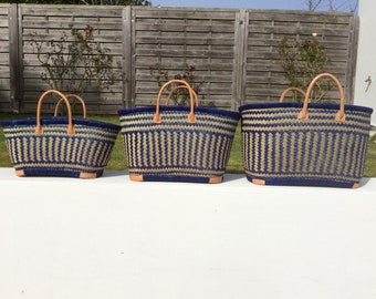 4 reinforced corners leather basket tote aravola leather handles 40cm. Straw tote bag. Ideal for shopping, markets, beach. Raffia, palm wicker, rush