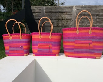 Large aravola basket with double rabane long handles and closing pouch. Beach bag, straw rush wicker raffia